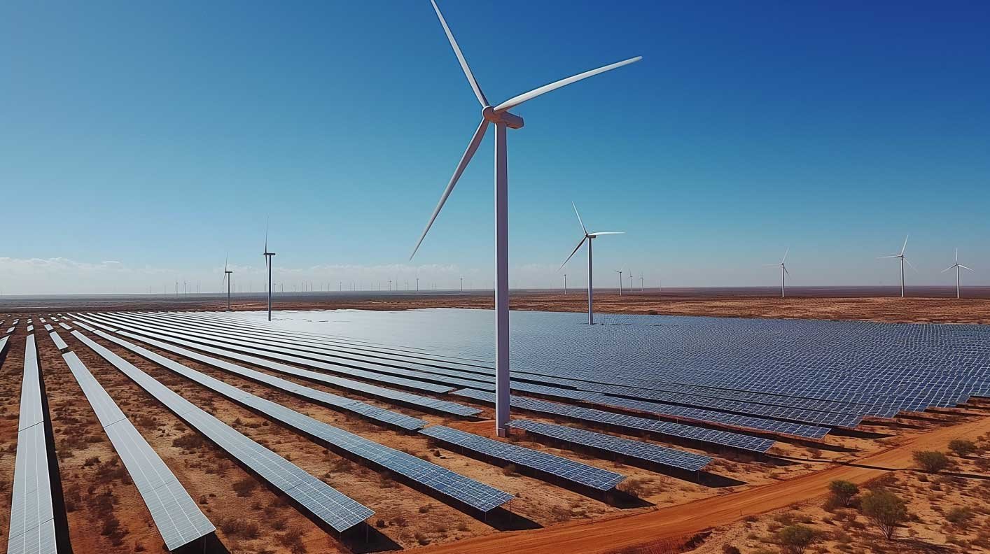 Painéis solares e aerogeradores. Imagem ilustrativa.